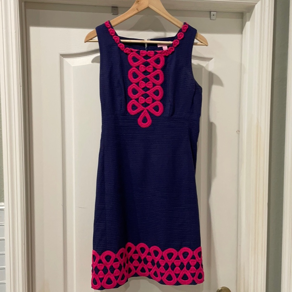 Lilly Pulitzer embroidered navy shift dress.